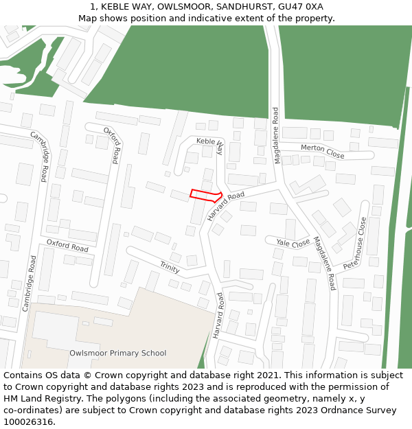 1, KEBLE WAY, OWLSMOOR, SANDHURST, GU47 0XA: Location map and indicative extent of plot
