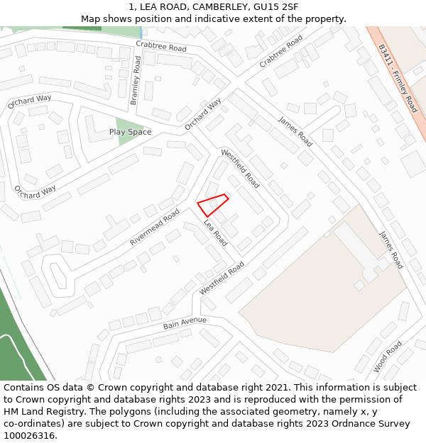 1, LEA ROAD, CAMBERLEY, GU15 2SF: Location map and indicative extent of plot