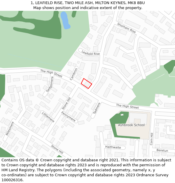 1, LEAFIELD RISE, TWO MILE ASH, MILTON KEYNES, MK8 8BU: Location map and indicative extent of plot