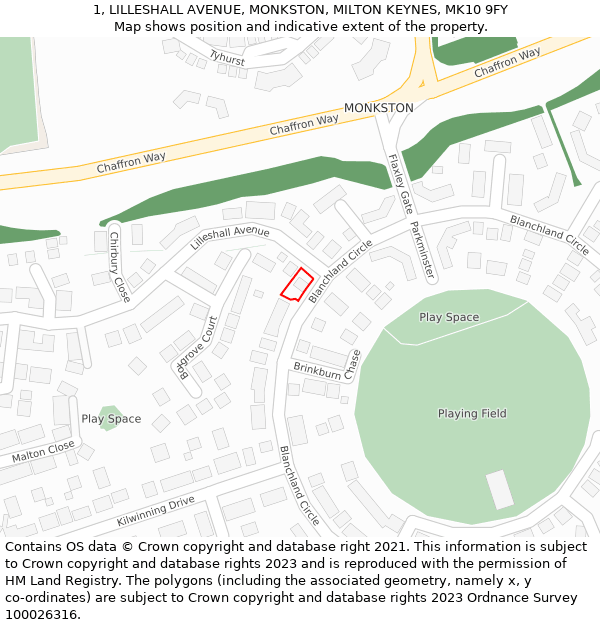 1, LILLESHALL AVENUE, MONKSTON, MILTON KEYNES, MK10 9FY: Location map and indicative extent of plot