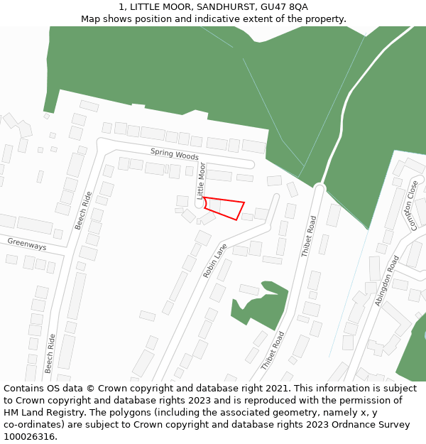 1, LITTLE MOOR, SANDHURST, GU47 8QA: Location map and indicative extent of plot