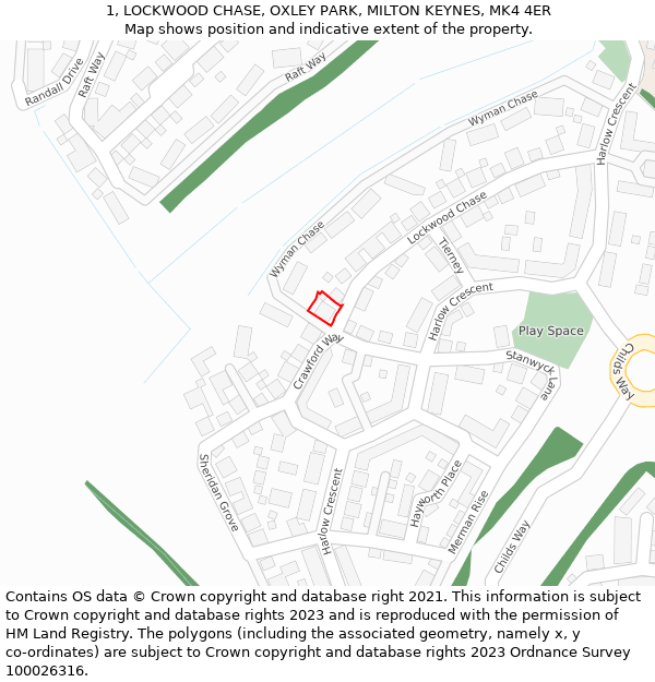 1, LOCKWOOD CHASE, OXLEY PARK, MILTON KEYNES, MK4 4ER: Location map and indicative extent of plot