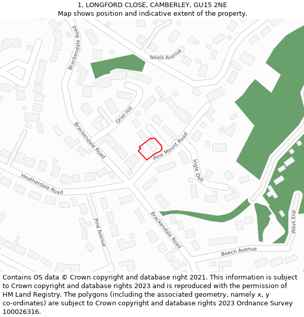 1, LONGFORD CLOSE, CAMBERLEY, GU15 2NE: Location map and indicative extent of plot