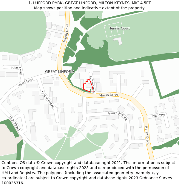 1, LUFFORD PARK, GREAT LINFORD, MILTON KEYNES, MK14 5ET: Location map and indicative extent of plot