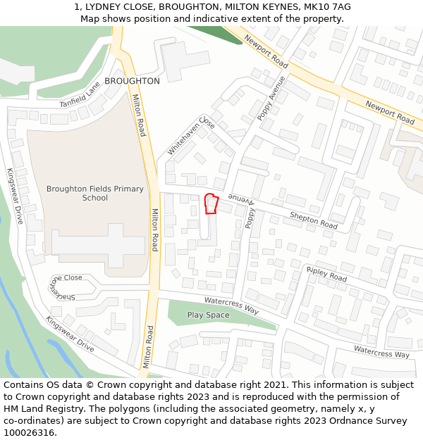 1, LYDNEY CLOSE, BROUGHTON, MILTON KEYNES, MK10 7AG: Location map and indicative extent of plot