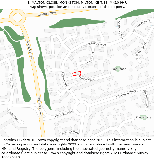 1, MALTON CLOSE, MONKSTON, MILTON KEYNES, MK10 9HR: Location map and indicative extent of plot