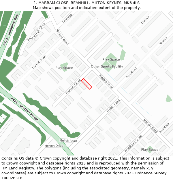 1, MARRAM CLOSE, BEANHILL, MILTON KEYNES, MK6 4LS: Location map and indicative extent of plot