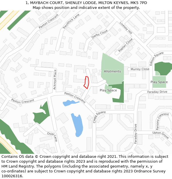 1, MAYBACH COURT, SHENLEY LODGE, MILTON KEYNES, MK5 7PD: Location map and indicative extent of plot