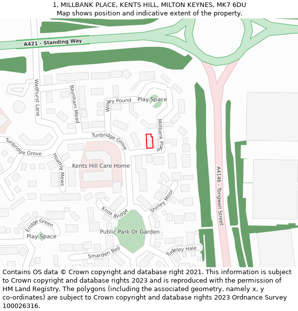 1, MILLBANK PLACE, KENTS HILL, MILTON KEYNES, MK7 6DU: Location map and indicative extent of plot