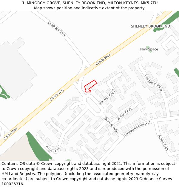 1, MINORCA GROVE, SHENLEY BROOK END, MILTON KEYNES, MK5 7FU: Location map and indicative extent of plot