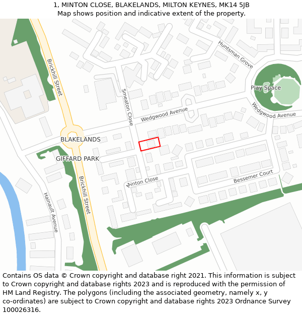 1, MINTON CLOSE, BLAKELANDS, MILTON KEYNES, MK14 5JB: Location map and indicative extent of plot