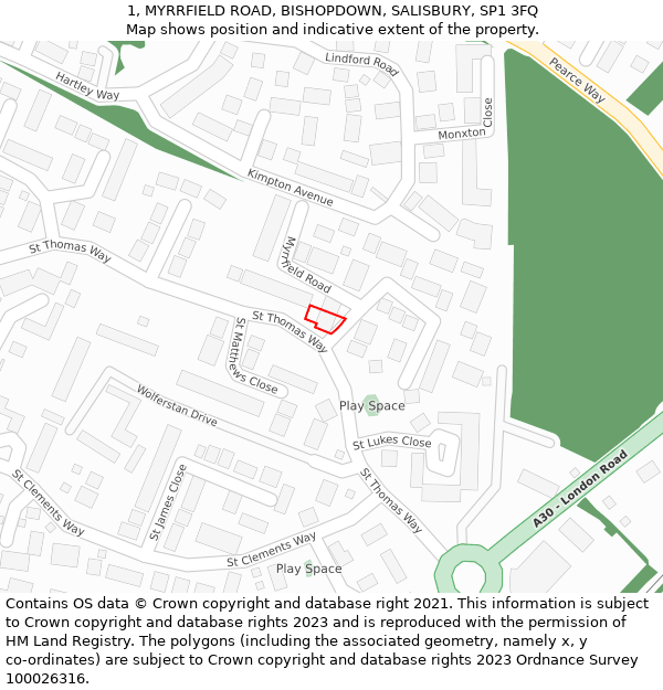 1, MYRRFIELD ROAD, BISHOPDOWN, SALISBURY, SP1 3FQ: Location map and indicative extent of plot