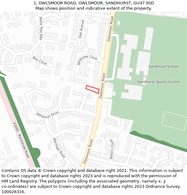 1, OWLSMOOR ROAD, OWLSMOOR, SANDHURST, GU47 0SD: Location map and indicative extent of plot