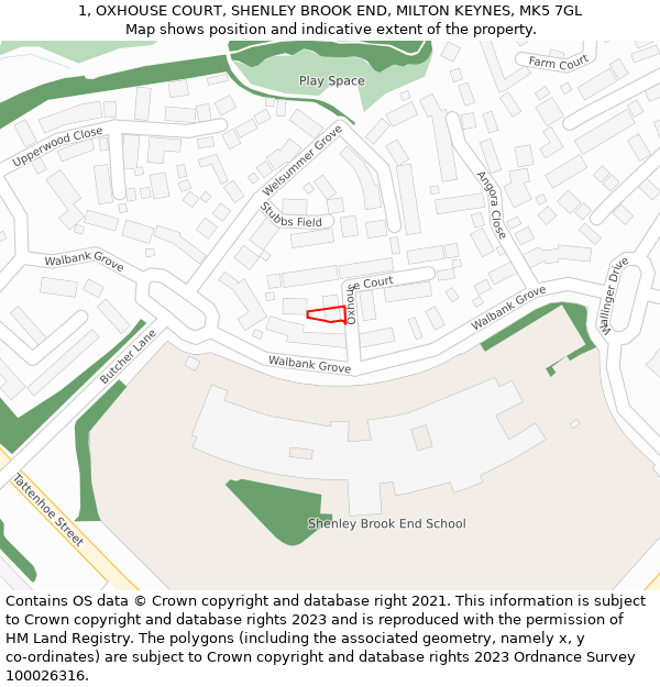 1, OXHOUSE COURT, SHENLEY BROOK END, MILTON KEYNES, MK5 7GL: Location map and indicative extent of plot