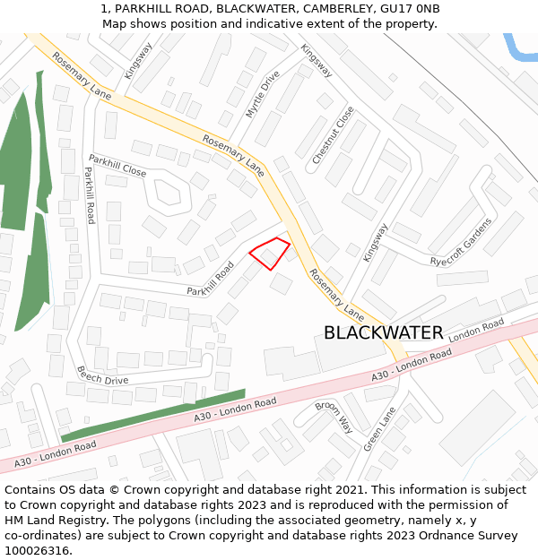 1, PARKHILL ROAD, BLACKWATER, CAMBERLEY, GU17 0NB: Location map and indicative extent of plot