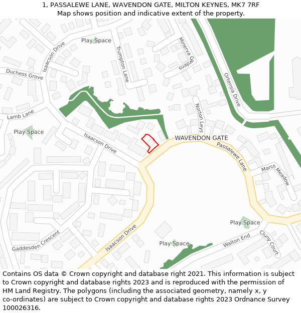 1, PASSALEWE LANE, WAVENDON GATE, MILTON KEYNES, MK7 7RF: Location map and indicative extent of plot