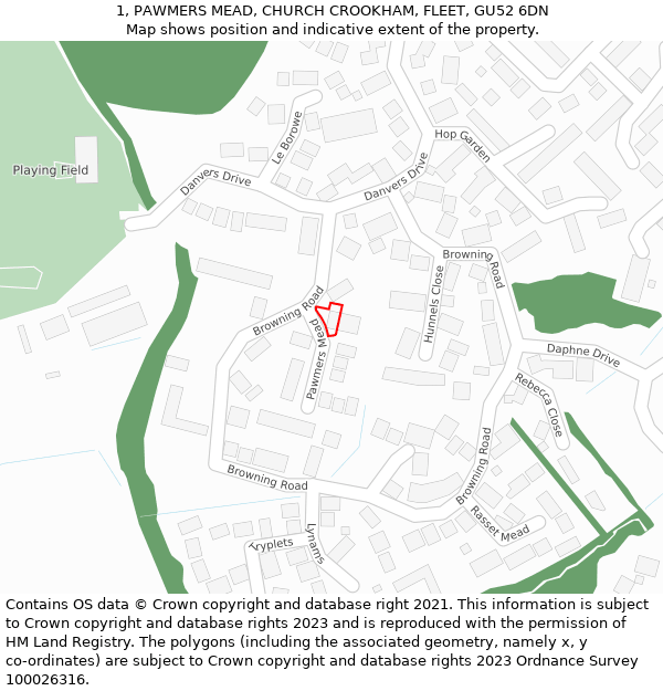 1, PAWMERS MEAD, CHURCH CROOKHAM, FLEET, GU52 6DN: Location map and indicative extent of plot