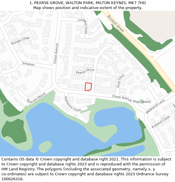 1, PEARSE GROVE, WALTON PARK, MILTON KEYNES, MK7 7HD: Location map and indicative extent of plot