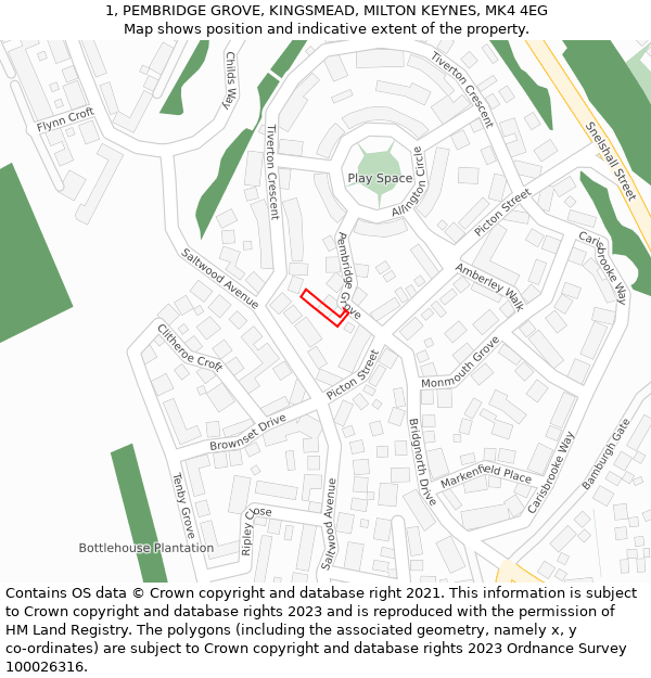 1, PEMBRIDGE GROVE, KINGSMEAD, MILTON KEYNES, MK4 4EG: Location map and indicative extent of plot