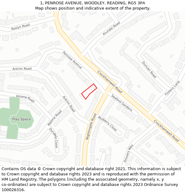 1, PENROSE AVENUE, WOODLEY, READING, RG5 3PA: Location map and indicative extent of plot