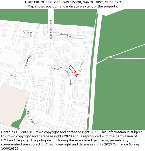 1, PETERHOUSE CLOSE, OWLSMOOR, SANDHURST, GU47 0XD: Location map and indicative extent of plot