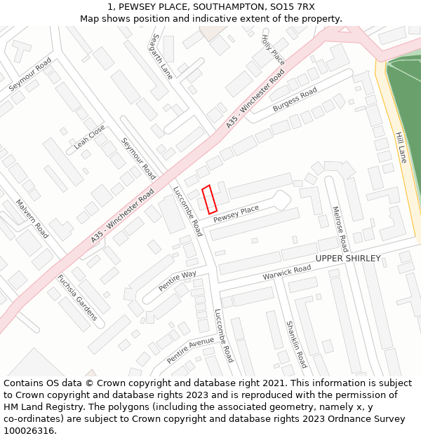 1, PEWSEY PLACE, SOUTHAMPTON, SO15 7RX: Location map and indicative extent of plot