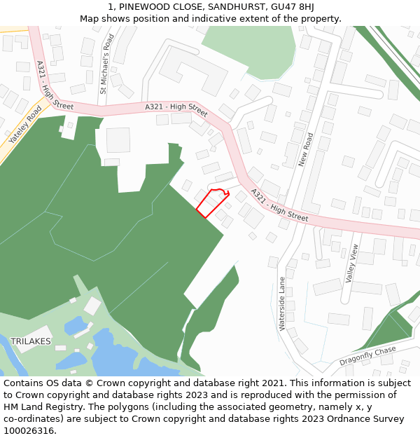 1, PINEWOOD CLOSE, SANDHURST, GU47 8HJ: Location map and indicative extent of plot