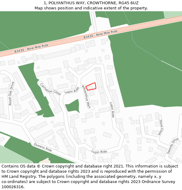 1, POLYANTHUS WAY, CROWTHORNE, RG45 6UZ: Location map and indicative extent of plot