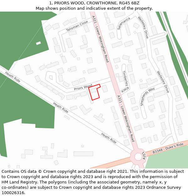 1, PRIORS WOOD, CROWTHORNE, RG45 6BZ: Location map and indicative extent of plot