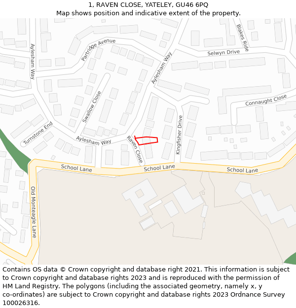 1, RAVEN CLOSE, YATELEY, GU46 6PQ: Location map and indicative extent of plot