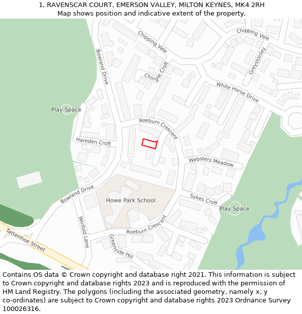 1, RAVENSCAR COURT, EMERSON VALLEY, MILTON KEYNES, MK4 2RH: Location map and indicative extent of plot