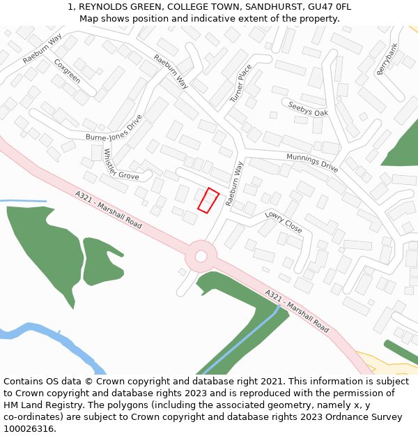 1, REYNOLDS GREEN, COLLEGE TOWN, SANDHURST, GU47 0FL: Location map and indicative extent of plot