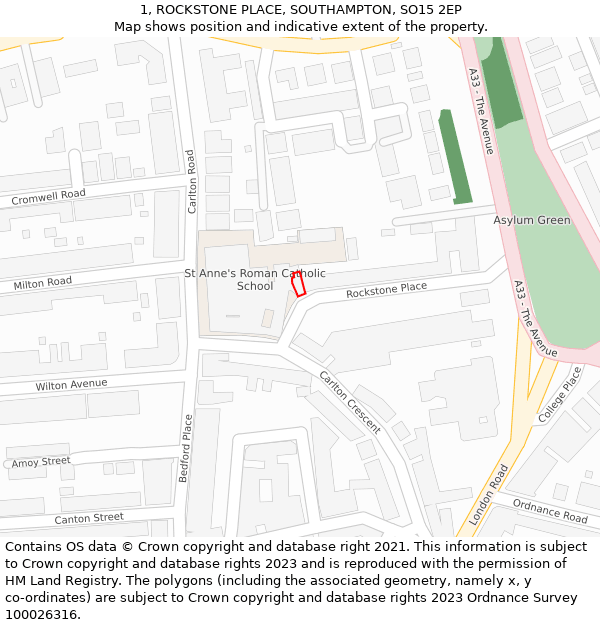 1, ROCKSTONE PLACE, SOUTHAMPTON, SO15 2EP: Location map and indicative extent of plot