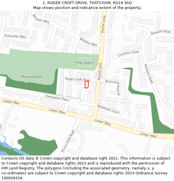 1, ROGER CROFT DRIVE, THATCHAM, RG19 3AD: Location map and indicative extent of plot