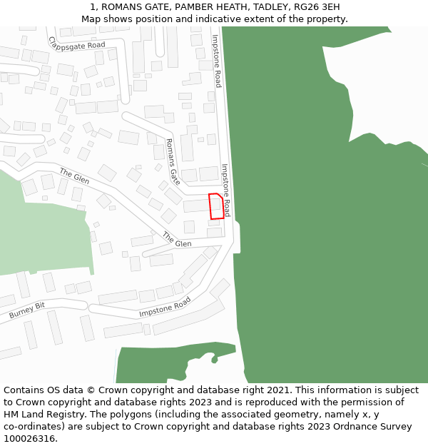 1, ROMANS GATE, PAMBER HEATH, TADLEY, RG26 3EH: Location map and indicative extent of plot