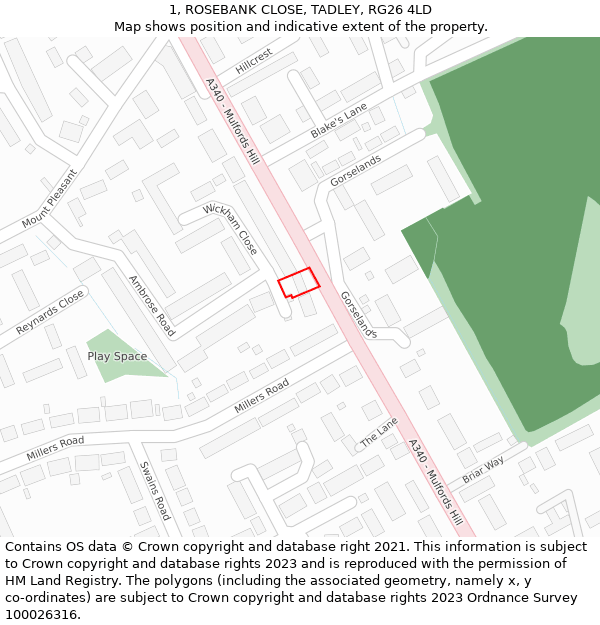 1, ROSEBANK CLOSE, TADLEY, RG26 4LD: Location map and indicative extent of plot