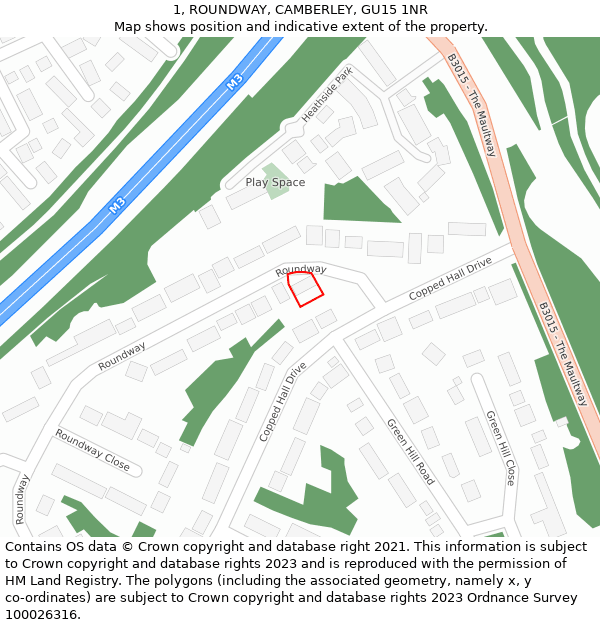 1, ROUNDWAY, CAMBERLEY, GU15 1NR: Location map and indicative extent of plot