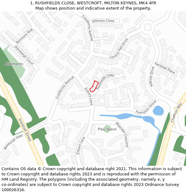 1, RUSHFIELDS CLOSE, WESTCROFT, MILTON KEYNES, MK4 4FR: Location map and indicative extent of plot