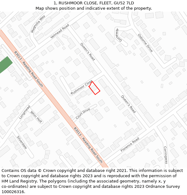1, RUSHMOOR CLOSE, FLEET, GU52 7LD: Location map and indicative extent of plot