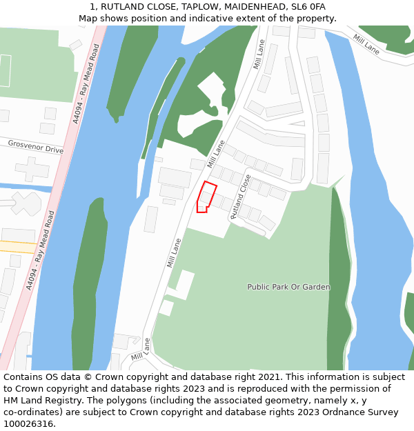 1, RUTLAND CLOSE, TAPLOW, MAIDENHEAD, SL6 0FA: Location map and indicative extent of plot