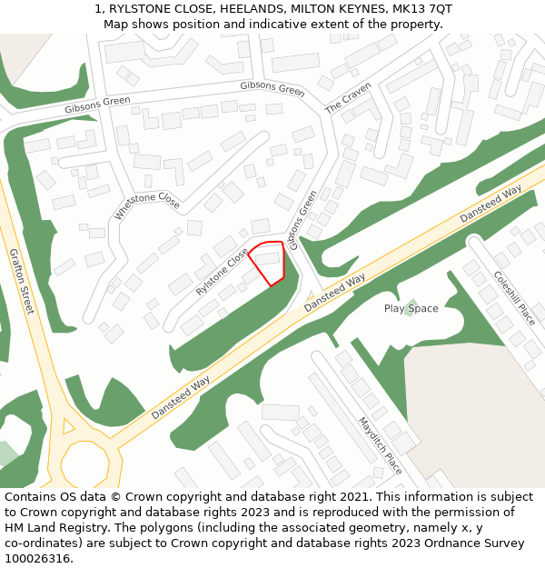 1, RYLSTONE CLOSE, HEELANDS, MILTON KEYNES, MK13 7QT: Location map and indicative extent of plot