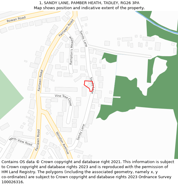 1, SANDY LANE, PAMBER HEATH, TADLEY, RG26 3PA: Location map and indicative extent of plot