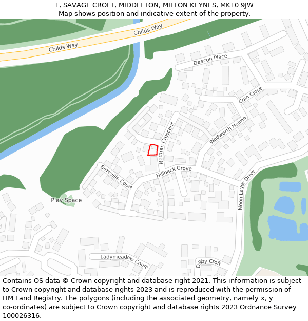 1, SAVAGE CROFT, MIDDLETON, MILTON KEYNES, MK10 9JW: Location map and indicative extent of plot