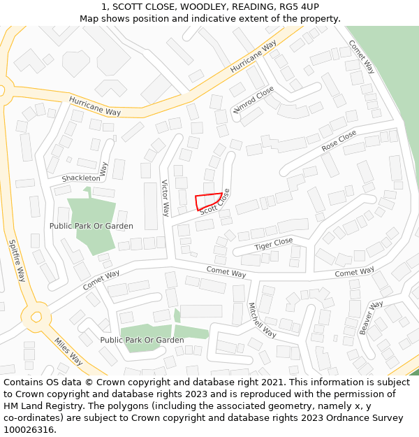 1, SCOTT CLOSE, WOODLEY, READING, RG5 4UP: Location map and indicative extent of plot