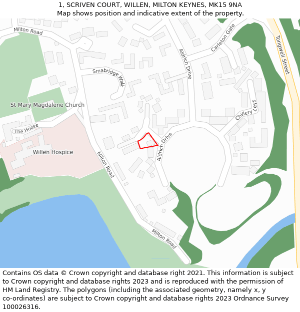 1, SCRIVEN COURT, WILLEN, MILTON KEYNES, MK15 9NA: Location map and indicative extent of plot