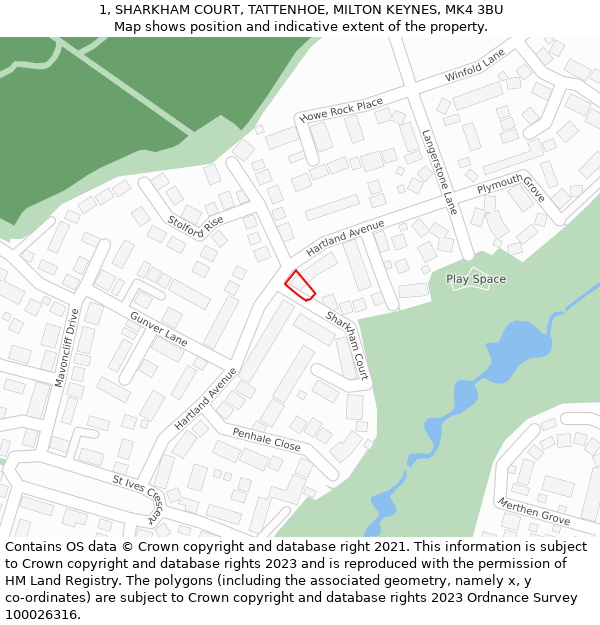 1, SHARKHAM COURT, TATTENHOE, MILTON KEYNES, MK4 3BU: Location map and indicative extent of plot