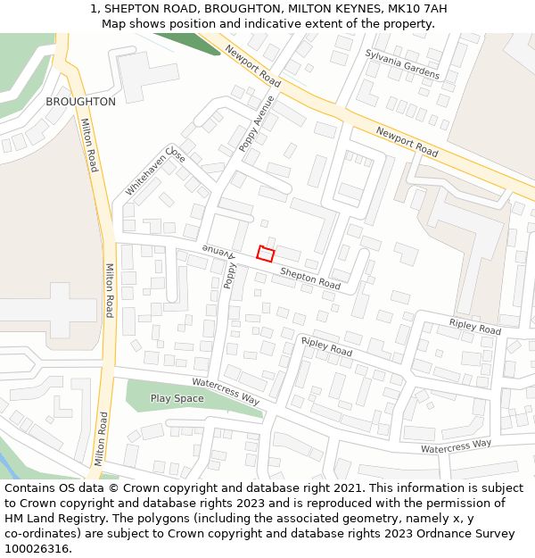1, SHEPTON ROAD, BROUGHTON, MILTON KEYNES, MK10 7AH: Location map and indicative extent of plot