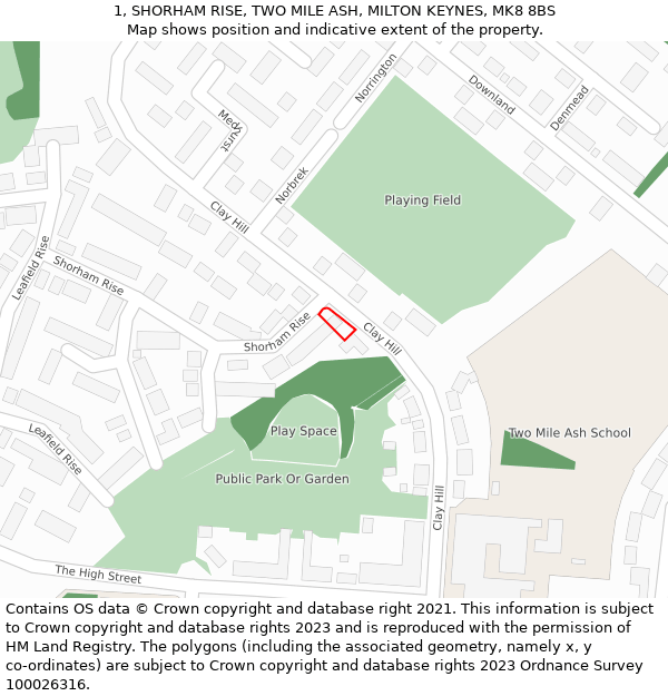 1, SHORHAM RISE, TWO MILE ASH, MILTON KEYNES, MK8 8BS: Location map and indicative extent of plot