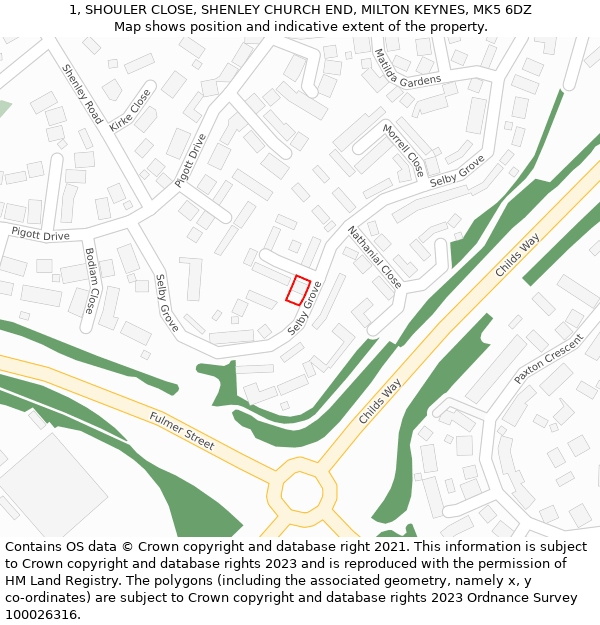 1, SHOULER CLOSE, SHENLEY CHURCH END, MILTON KEYNES, MK5 6DZ: Location map and indicative extent of plot