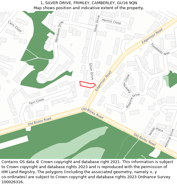 1, SILVER DRIVE, FRIMLEY, CAMBERLEY, GU16 9QN: Location map and indicative extent of plot